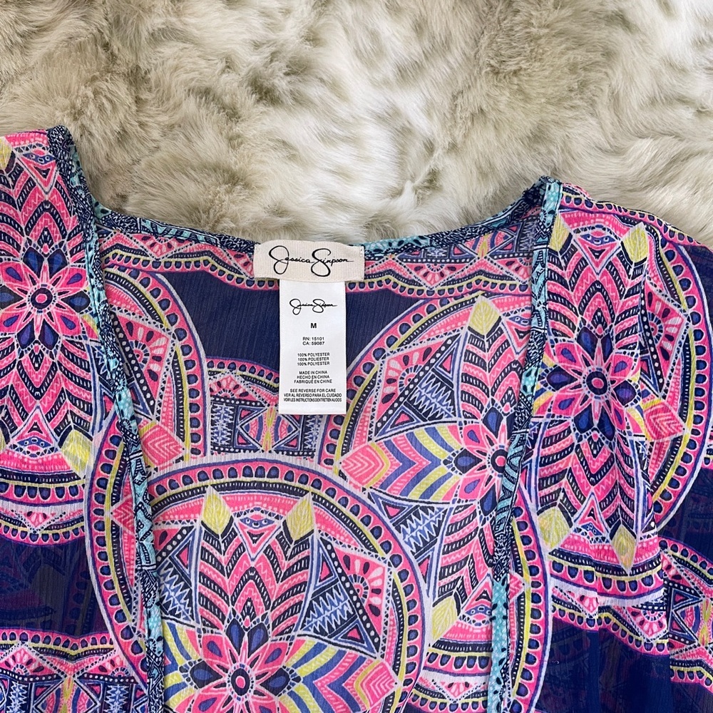 Jessica Simpson Blue and Pink Graphic Short Sleeve Swim Coverup - Picture 2 of 4